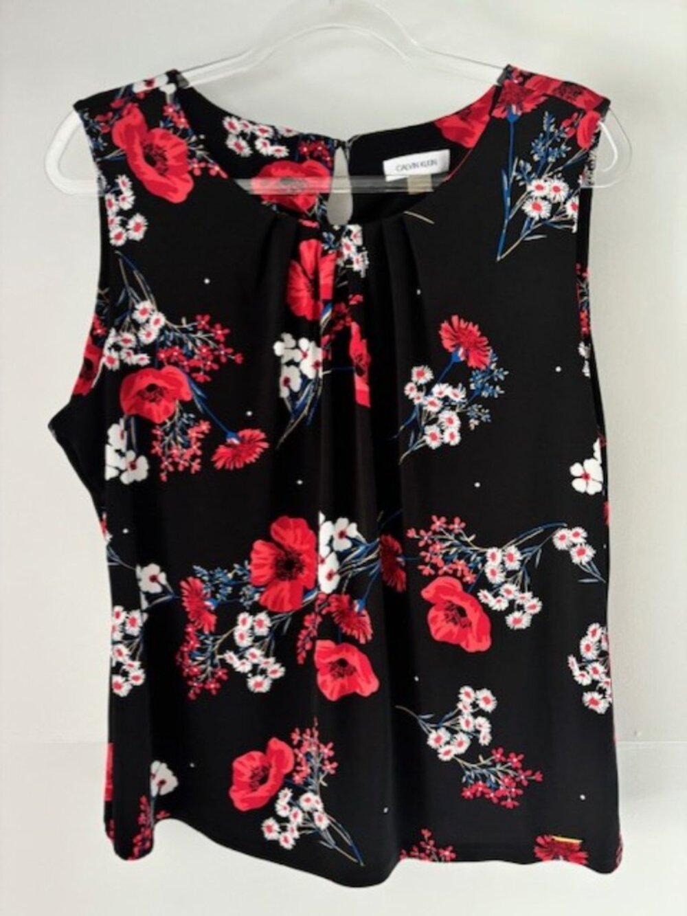 Calvin Klein Womens XL Floral Sleeveless Pleated Blouse Keyhole Back Red Black